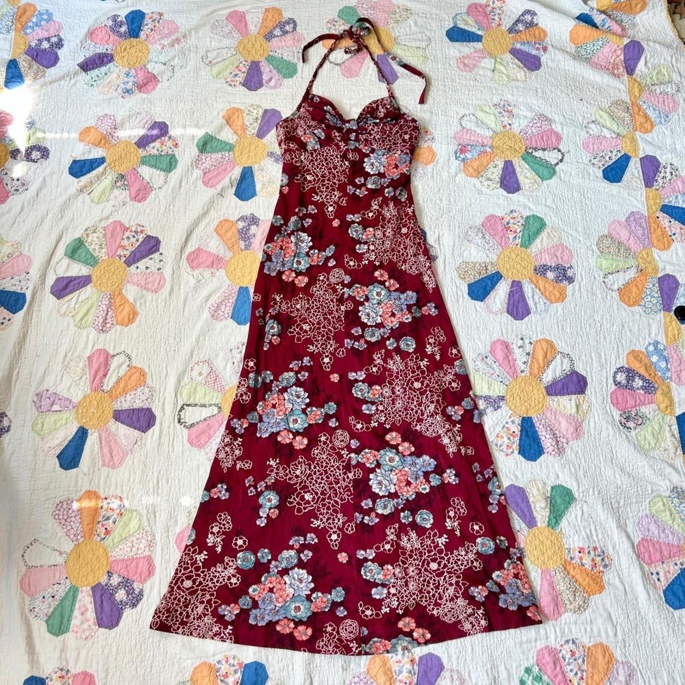 Vintage 70s Floral Halter Maxi Dress Burgundy Red Boho Indie Twee